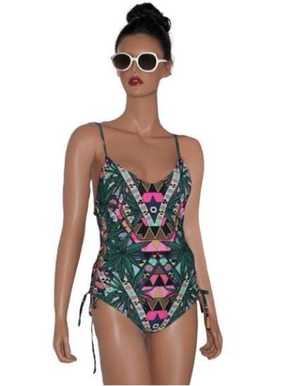Mara Hoffman Maristar Side Lace-Up Pink & Green Geo Tropical One-Piece Swimsuit